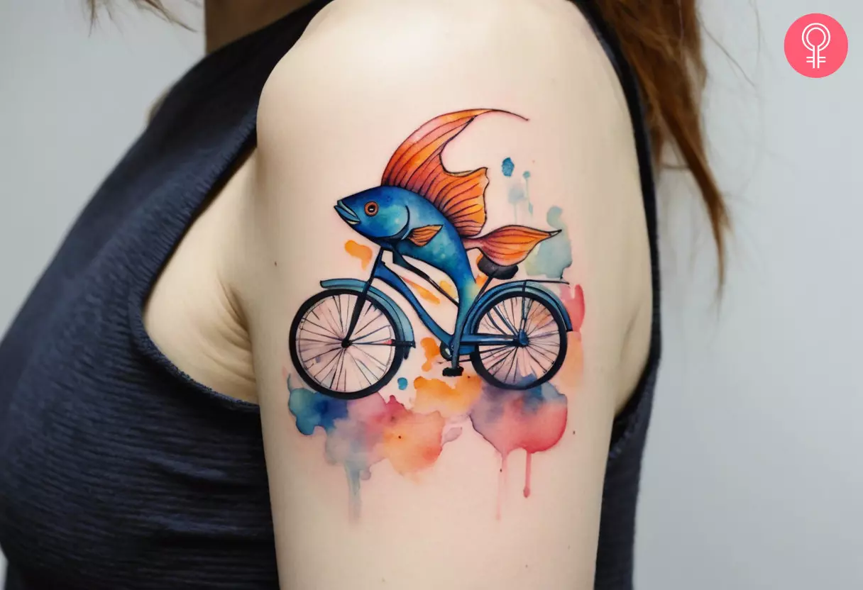 A surreal tattoo of a fish riding a bicycle