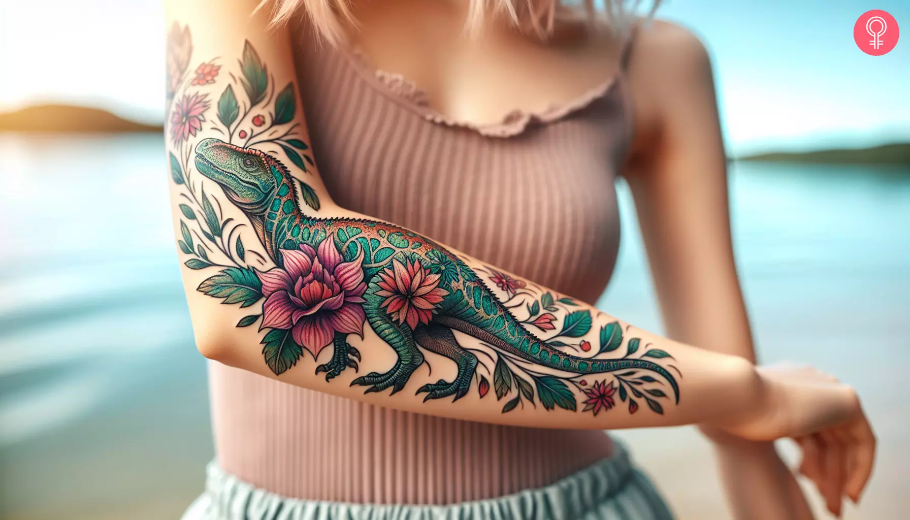 A woman with a floral dinosaur tattoo on her arm