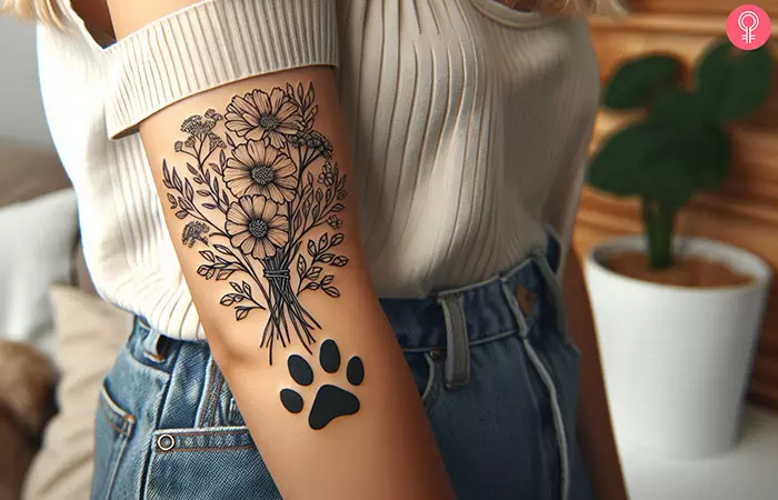 A floral paw print tattoo on the upper arm