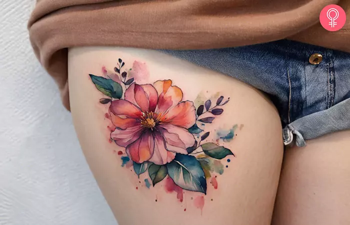 A flower side thigh tattoo