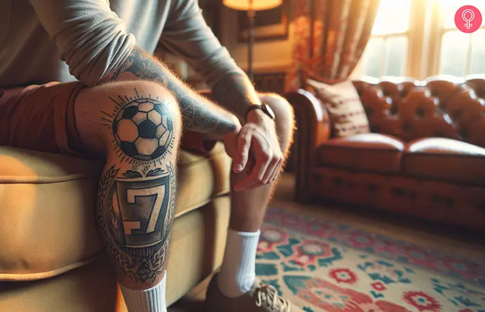 A man with a football and number tattoo on his leg