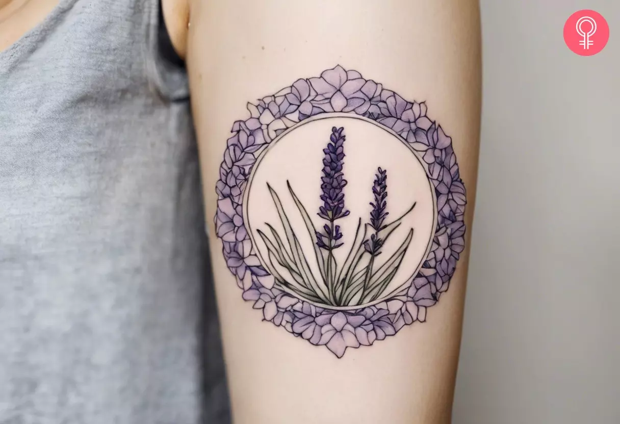 Framed lavender tattoo on the arm