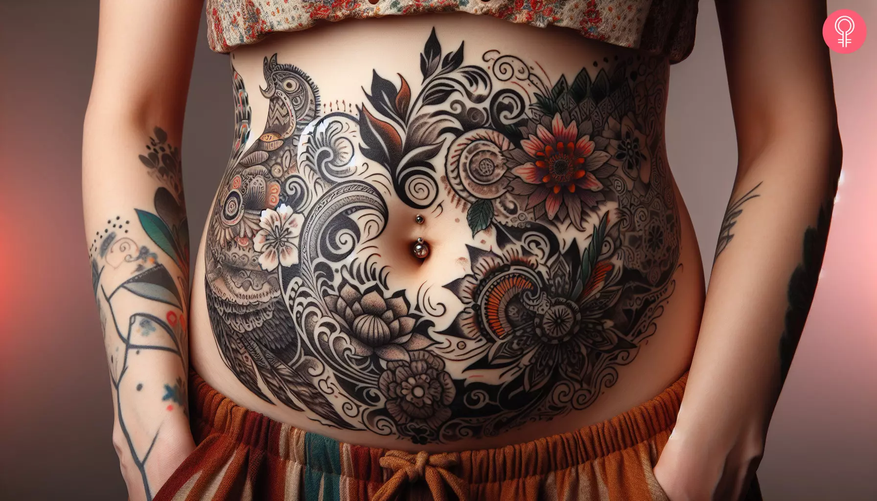 A woman with a vibrant, full-stomach tattoo