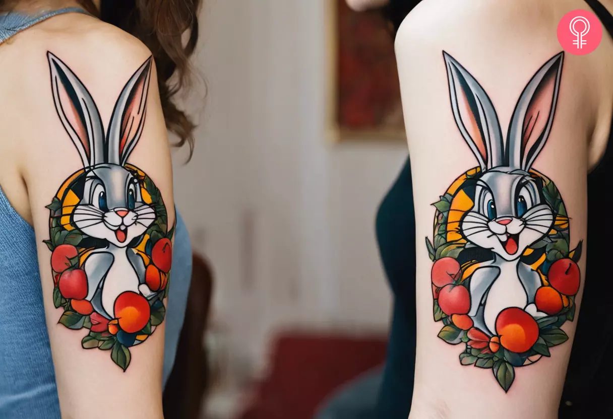 Funny Bugs Bunny Tattoos on the Upper Arms of Two Sisters