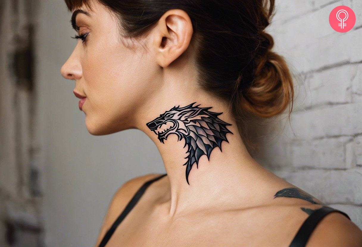 A bold black wolf tattoo on the side of the neck