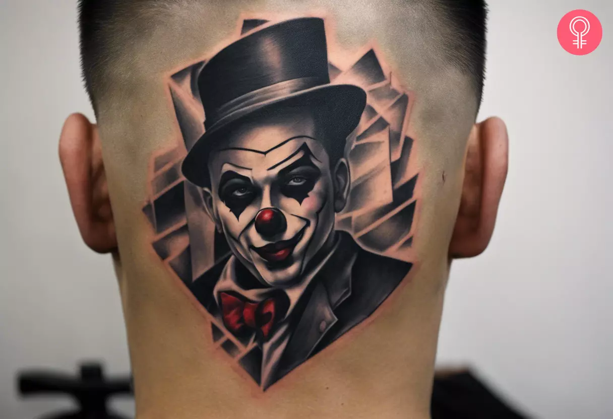 Gangster clown tattoo on the head