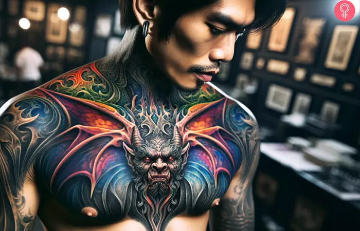 A gargoyle tattoo on the chest of a man