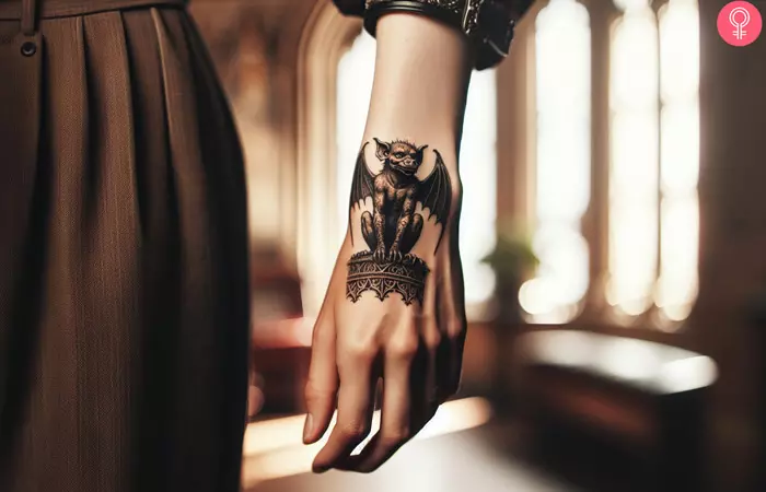A gargoyle tattoo on the hand of a woman
