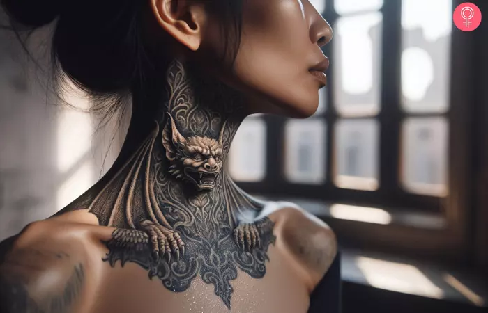 A gargoyle tattoo on the neck of a woman