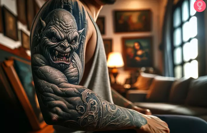 A gargoyle tattoo on the arm of a man