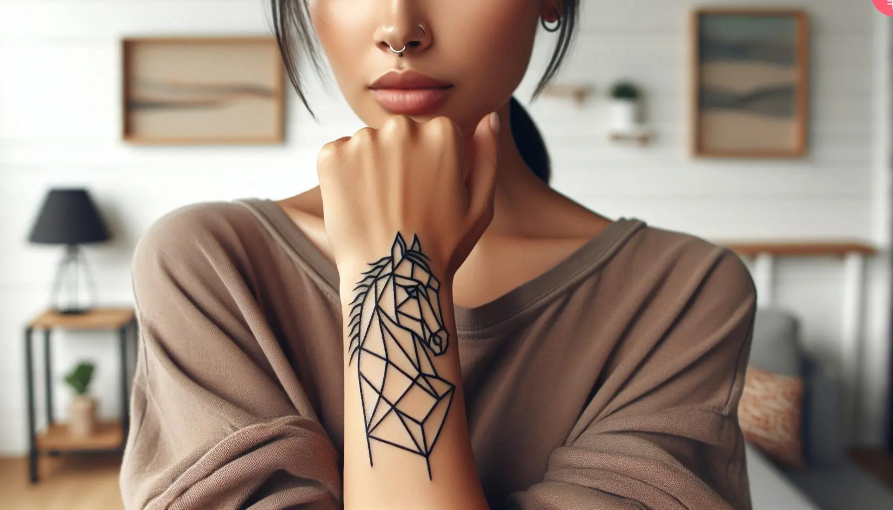 A geometric horse tattoo on a woman’s forearm