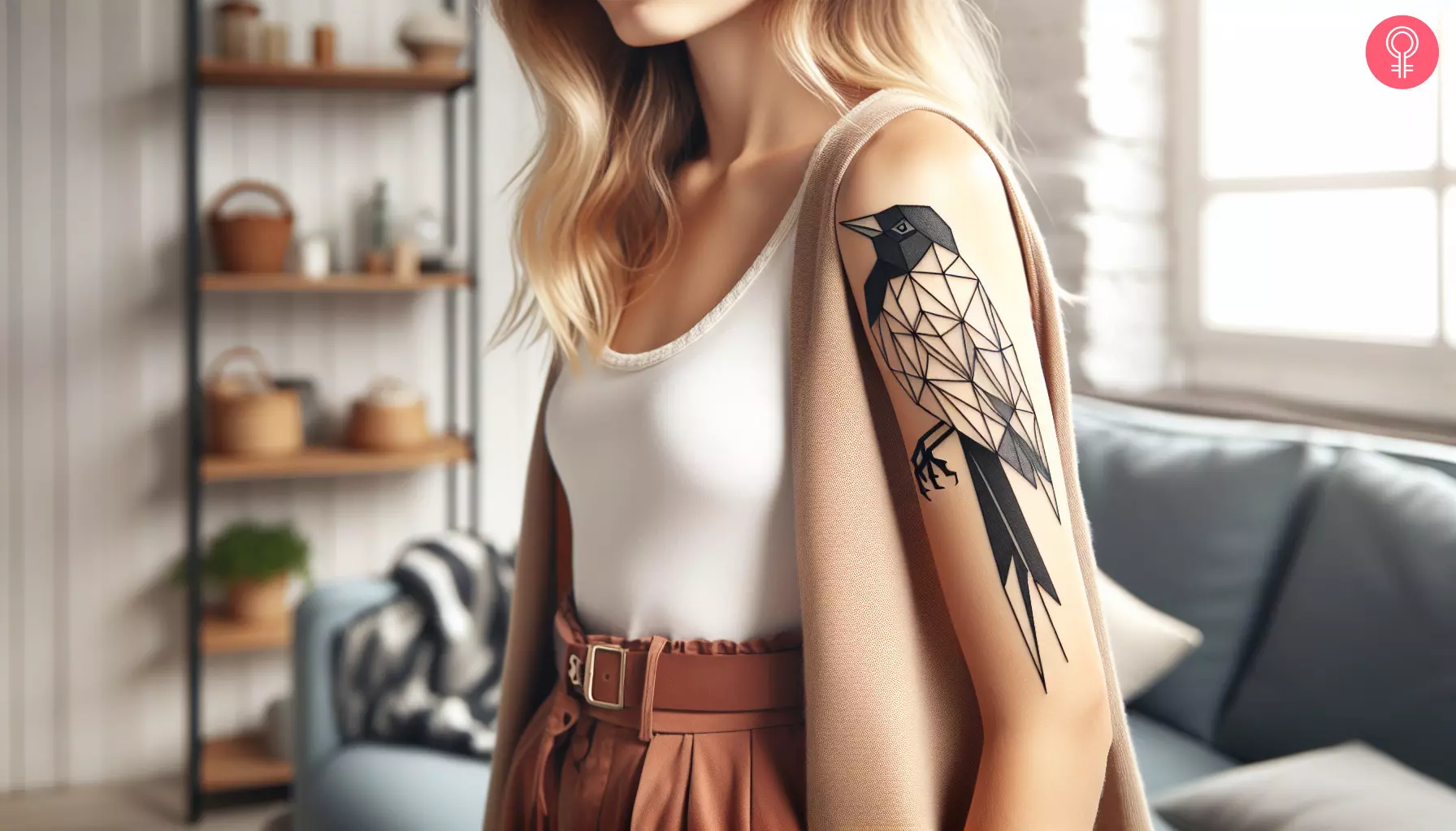 Geometric magpie tattoo on the upper arm