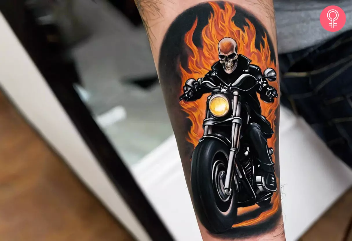 Ghost Rider on a Harley Davidson tattoo on the forearm