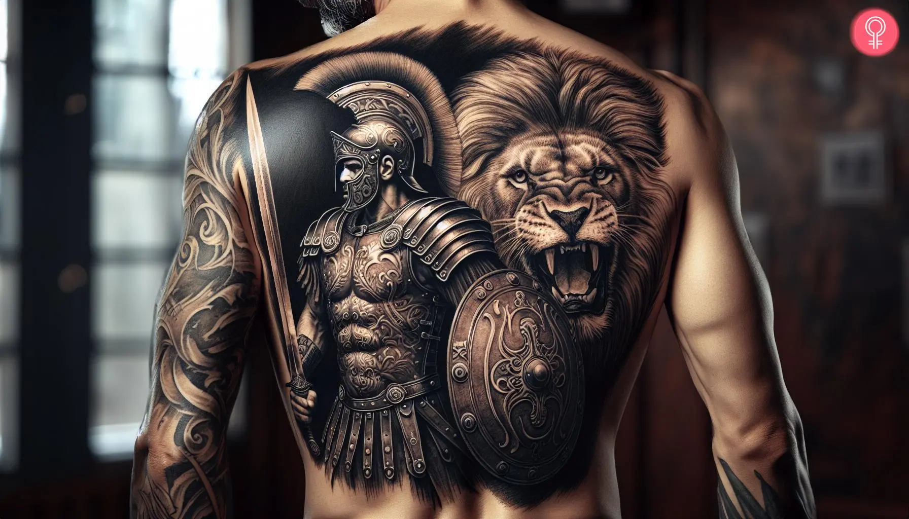 A man with a gladiator and lion tattoo on his back