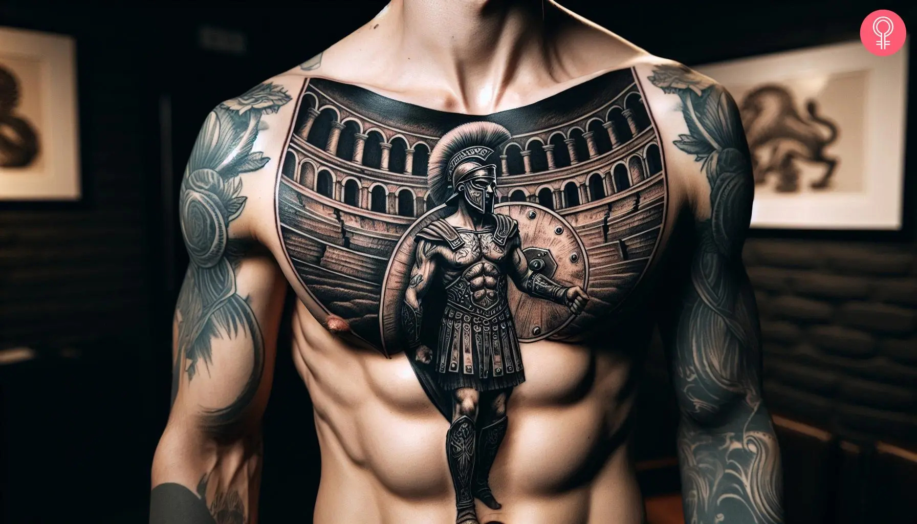 A man with a gladiator chest tattoo