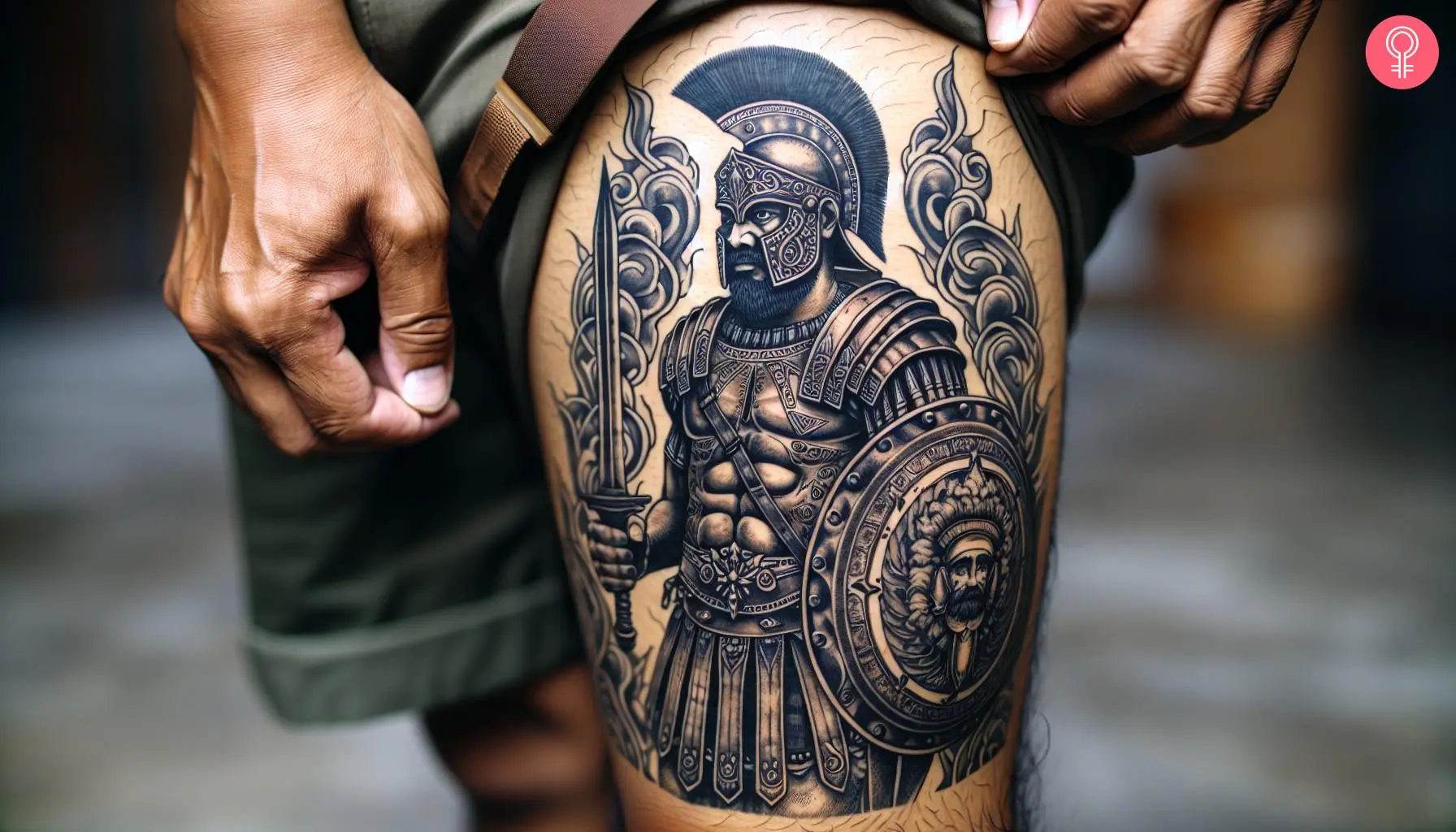 A man with a gladiator tattoo on his thigh