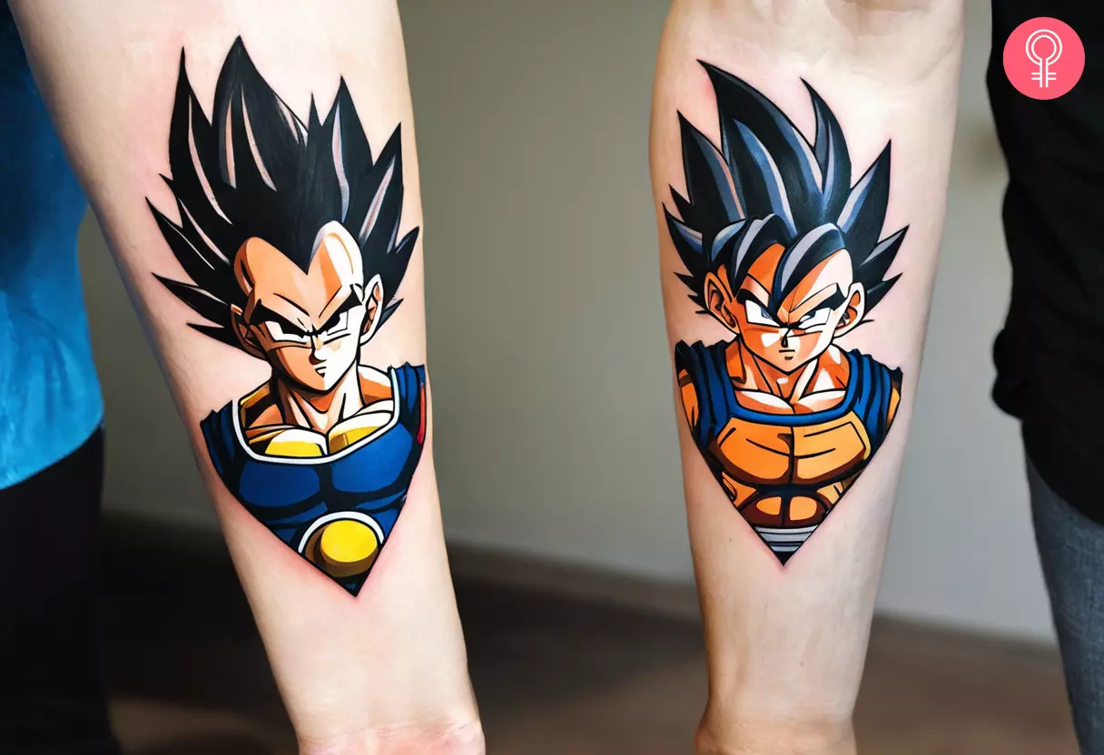 A Goku and Vegeta tattoo on the forearms of two people