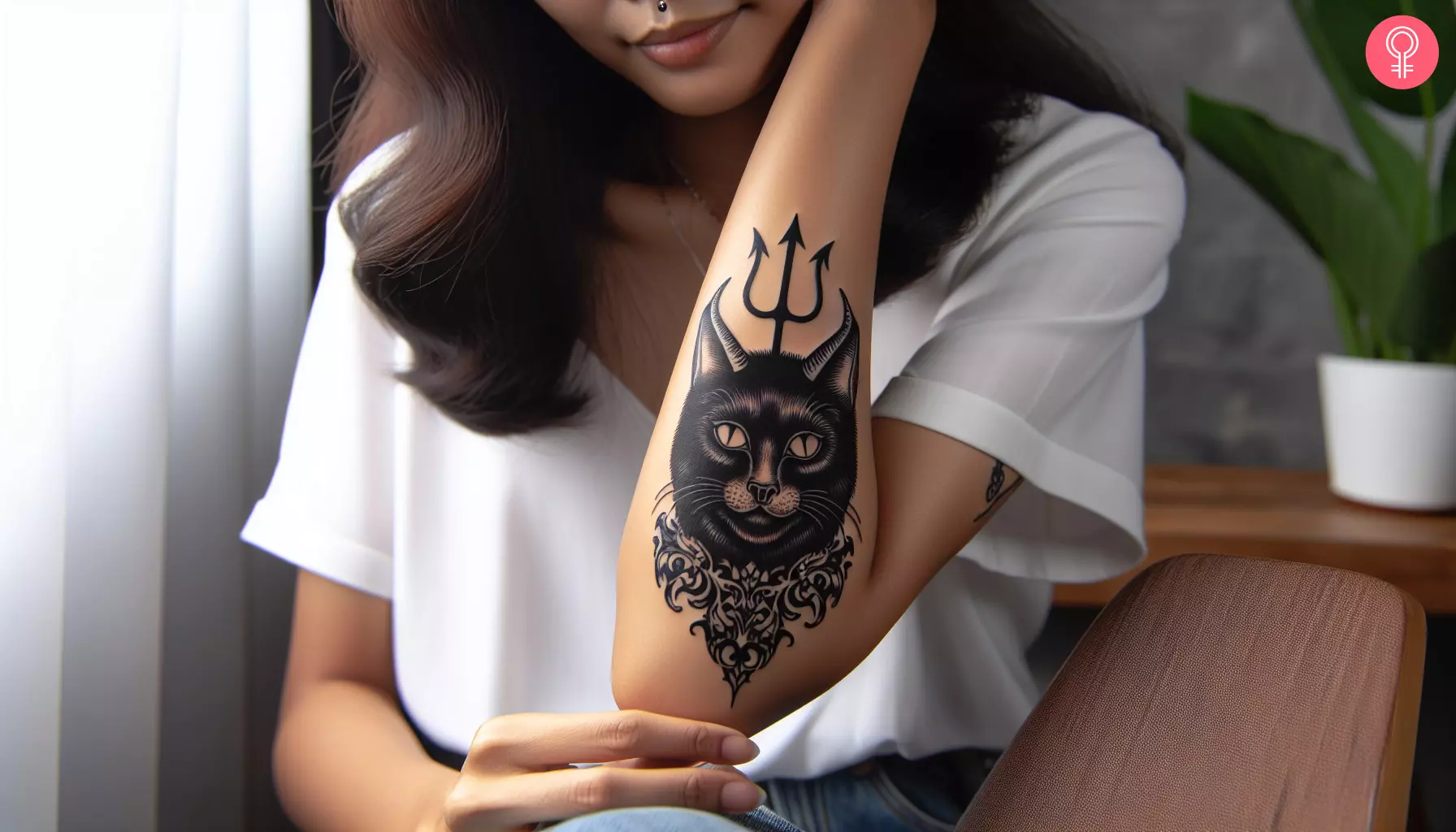 Goth black cat tattoo on a woman’s arm