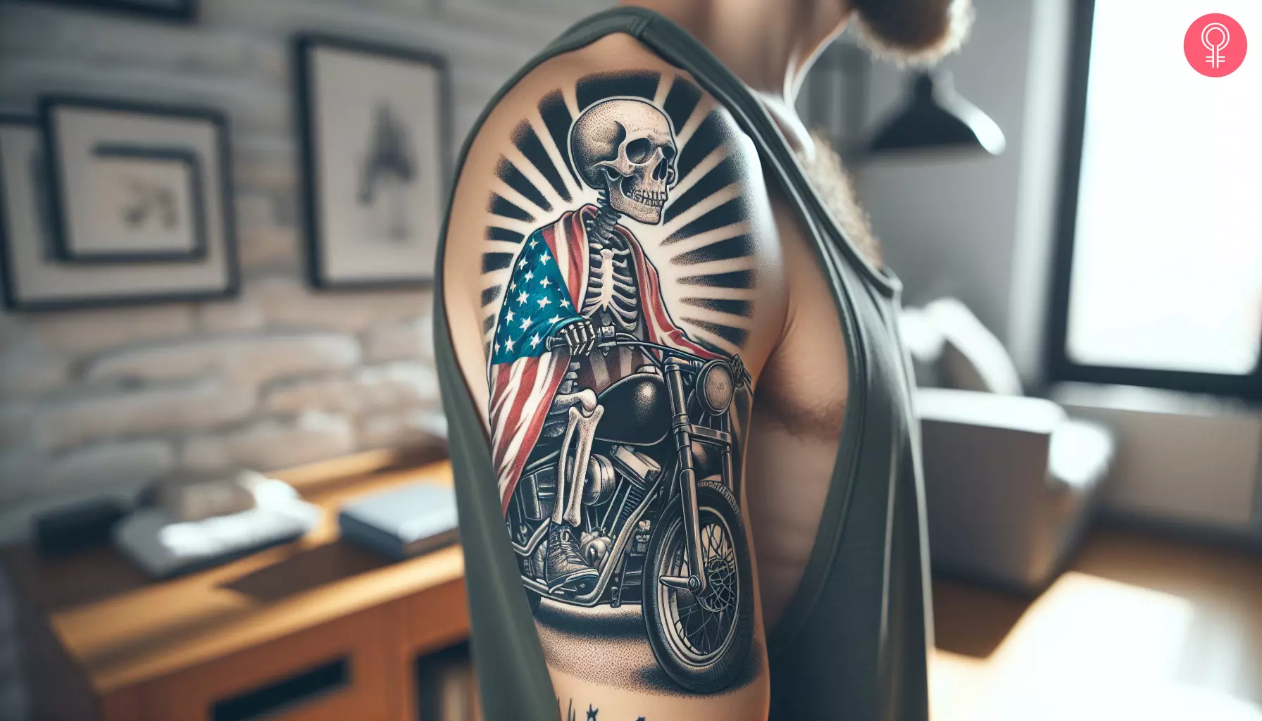 A Grateful Dead Uncle Sam motorcycle tattoo on the upper arm