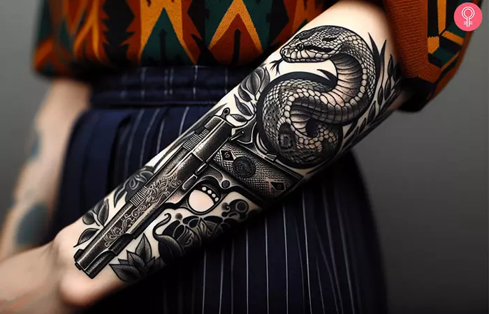 Gun and snake tattoo on the forearm