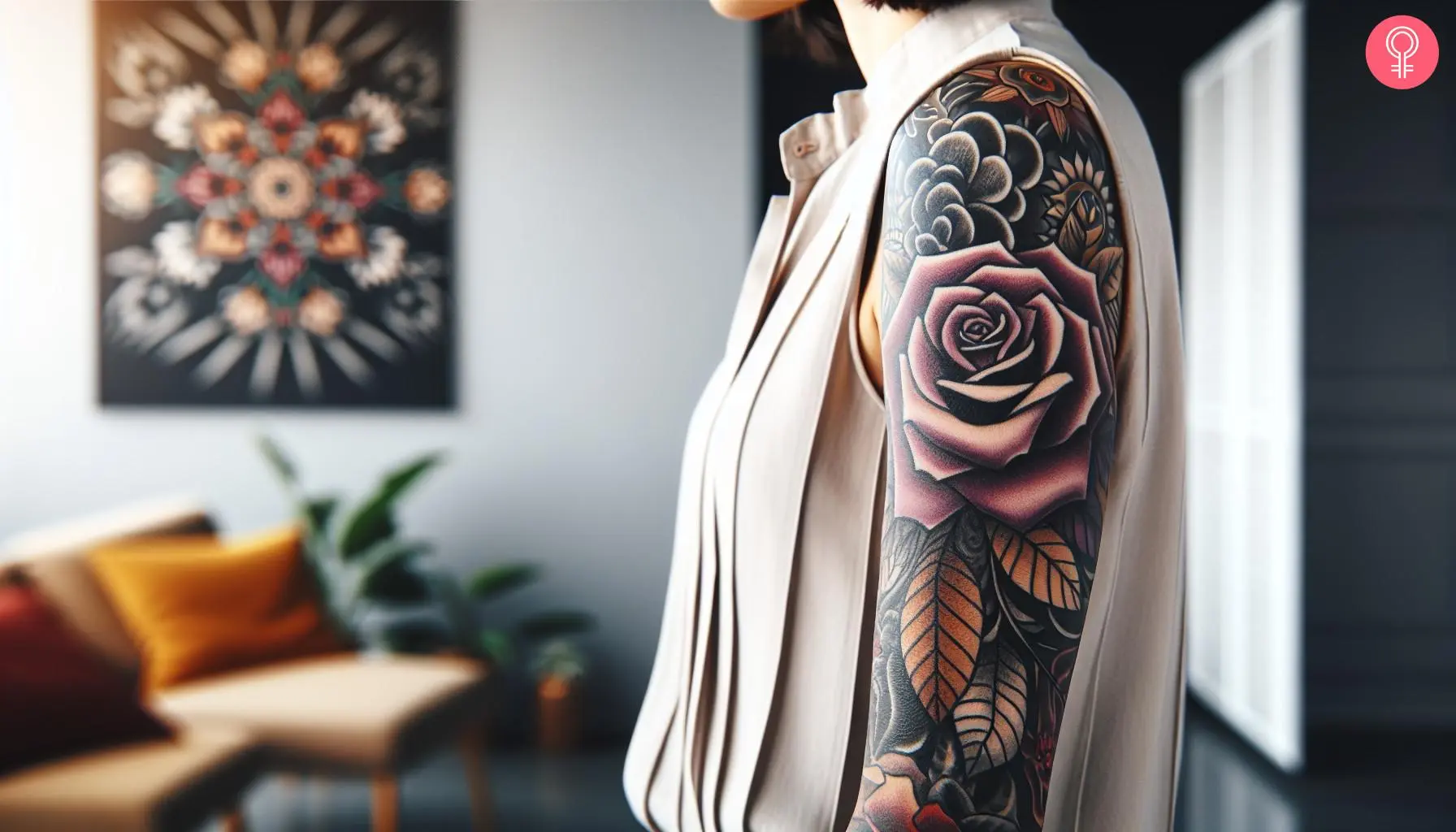 A half-sleeve Chicano tattoo of a rose and wild florals