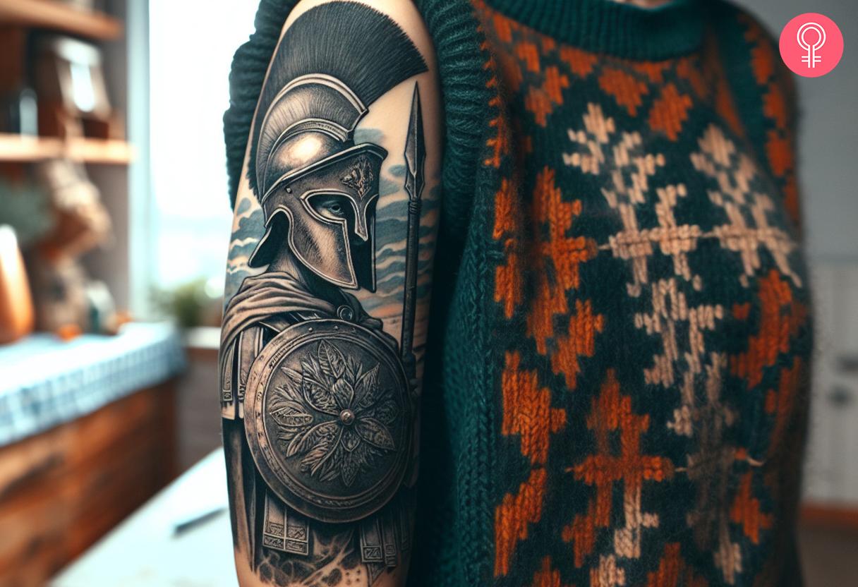 Half-sleeve Spartan-tatoeage op de bovenarm