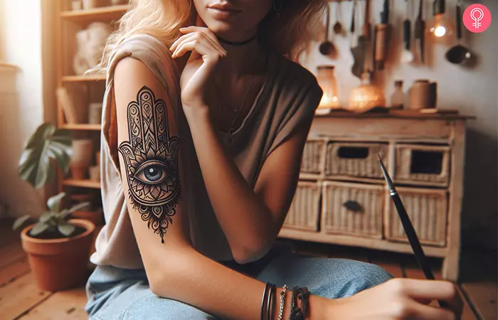Hamsa evil eye tattoo on the upper arm