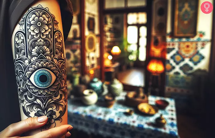 Hamsa with flower tattoo on the arm