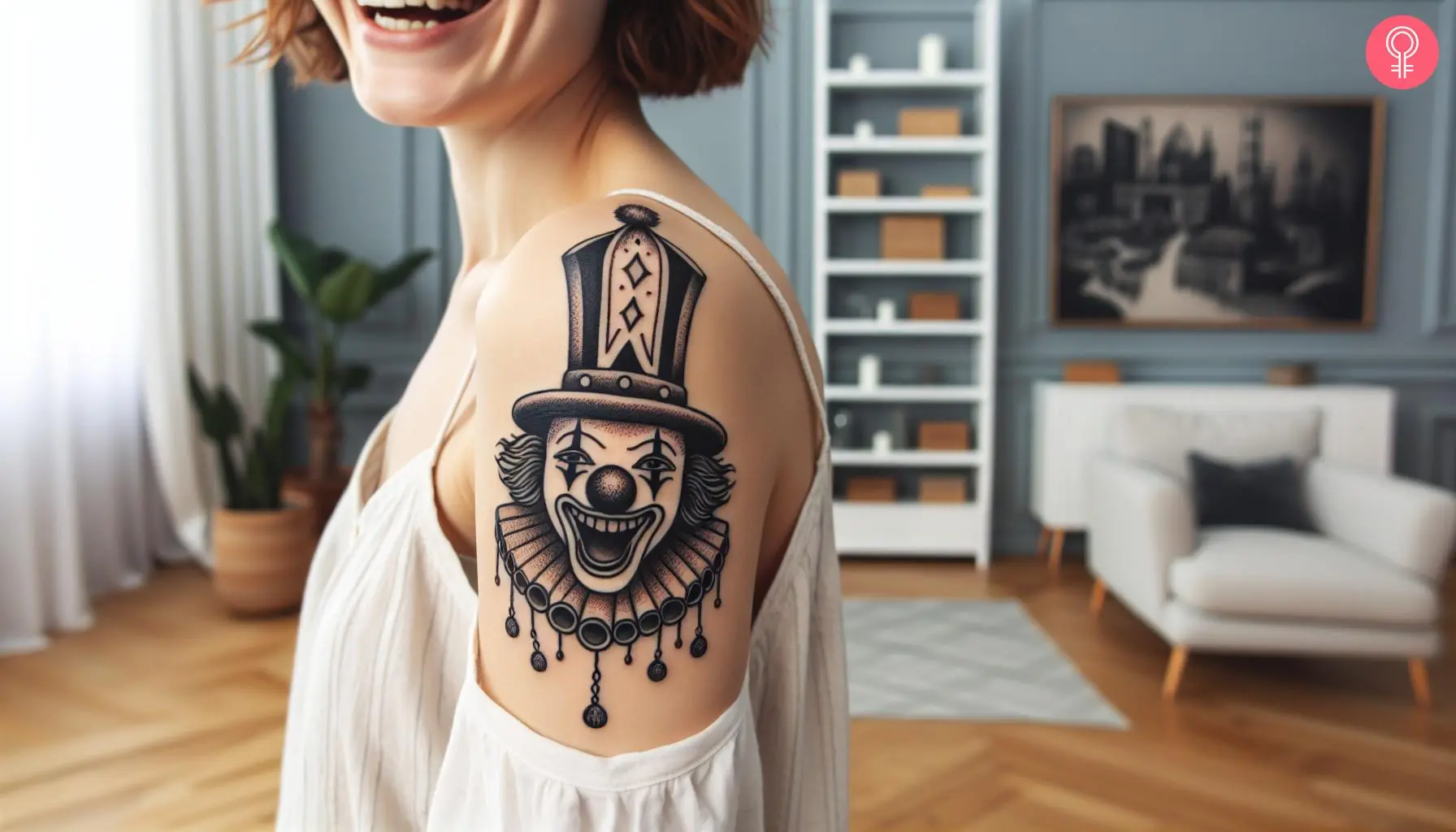 A happy clown tattoo on a woman’s upper arm