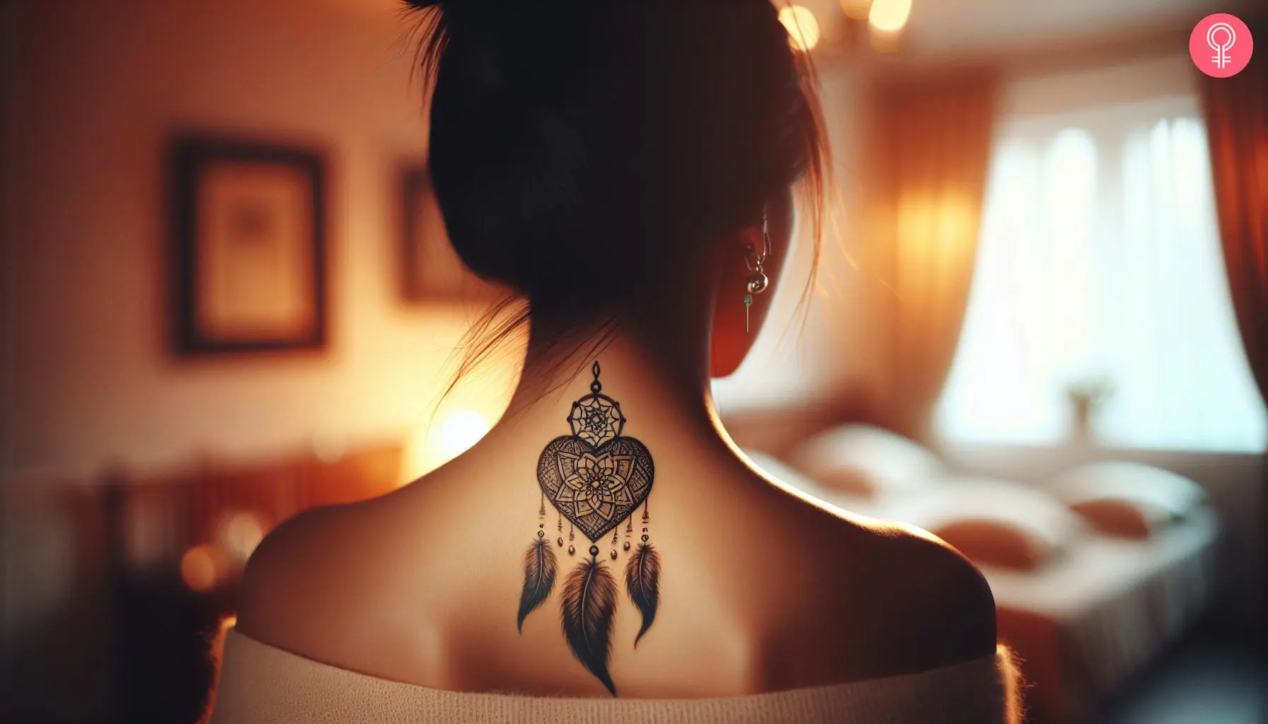 An intricate heart-shaped dreamcatcher tattoo on a woman’s neck and back