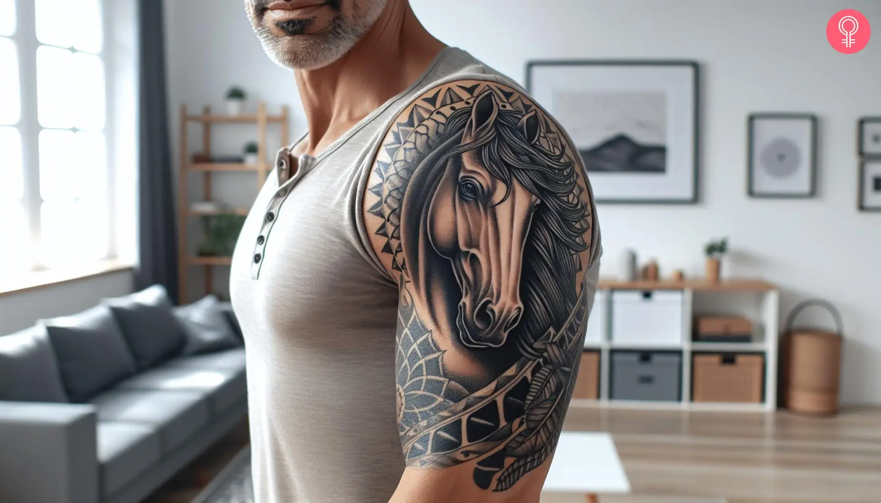 A portrait horse tattoo on a man’s arm