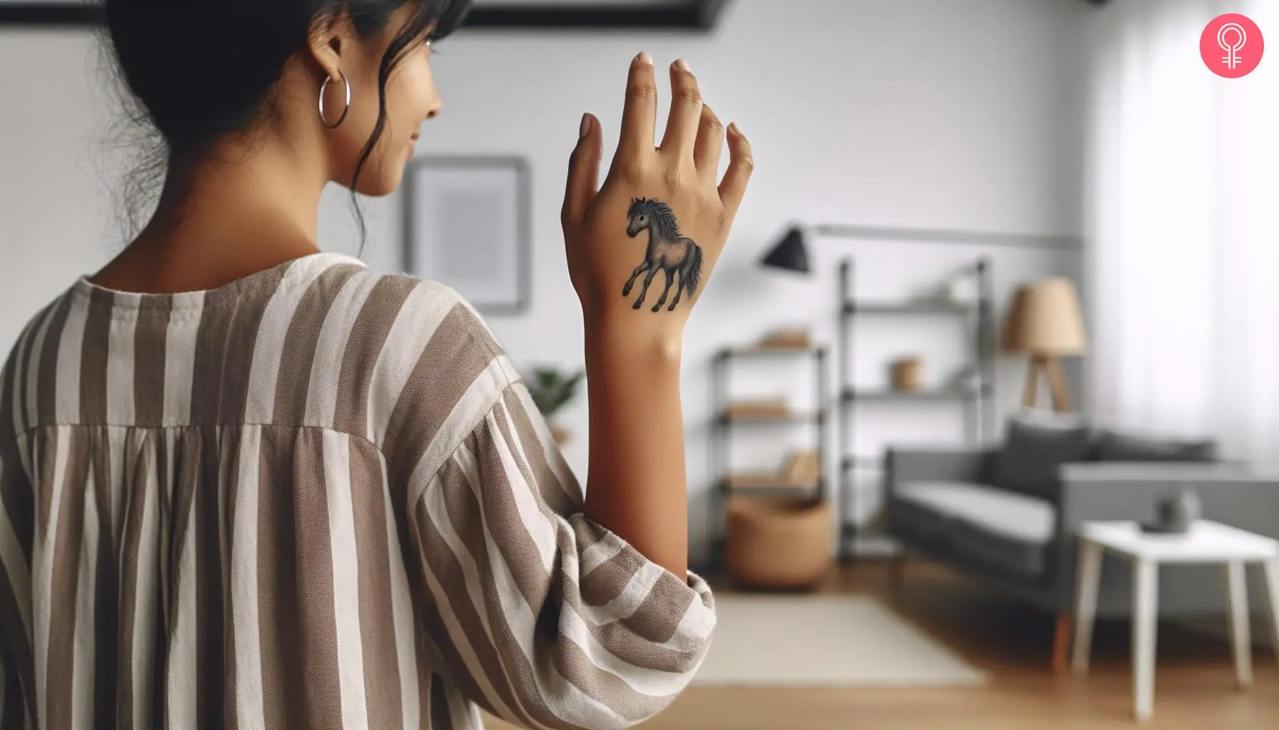 A cute horse tattoo on a woman’s hand