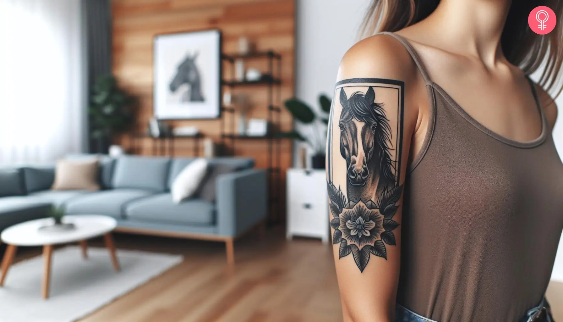 A blackwork horse portrait tattoo on a woman’s upper arm