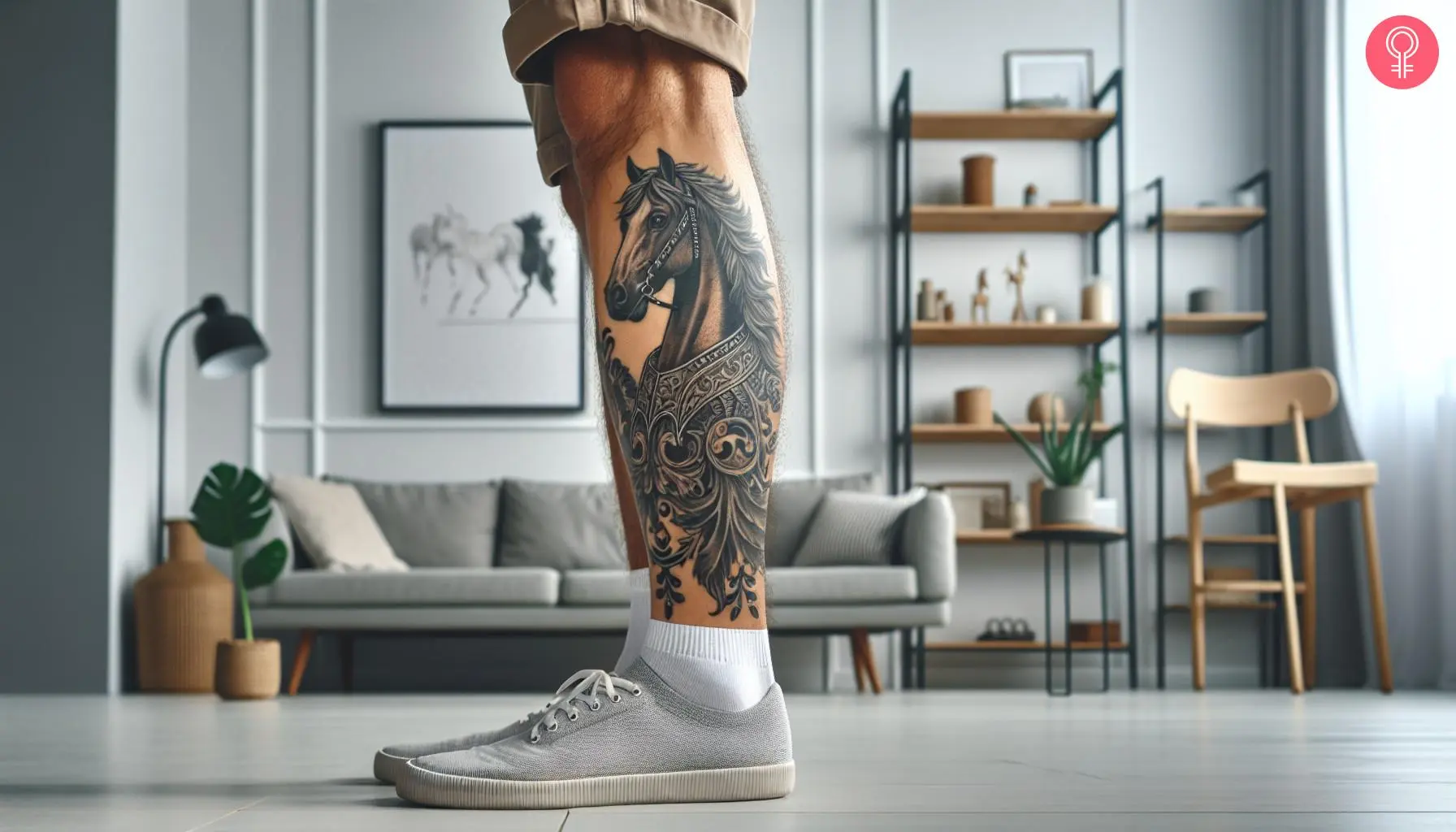 An ornamental horse tattoo on a man’s leg