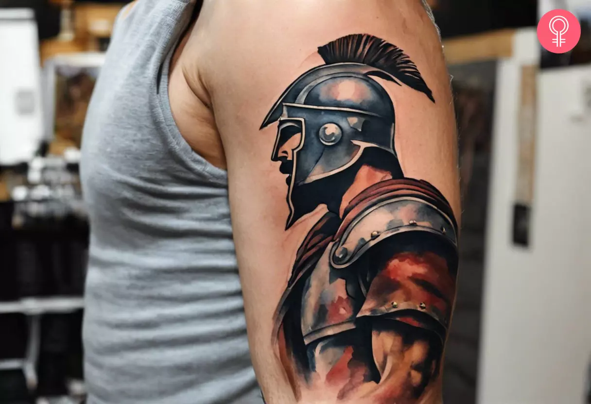 American traditional gladiator tattoo on the upper arm