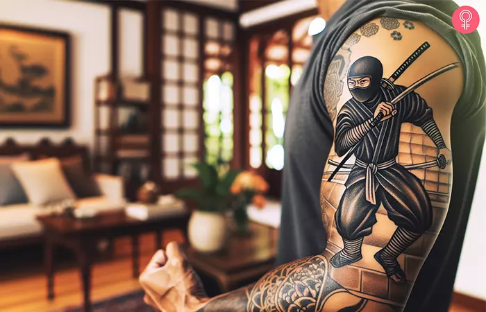 A man with a traditional Japanese ninja tattoo on his upper arm