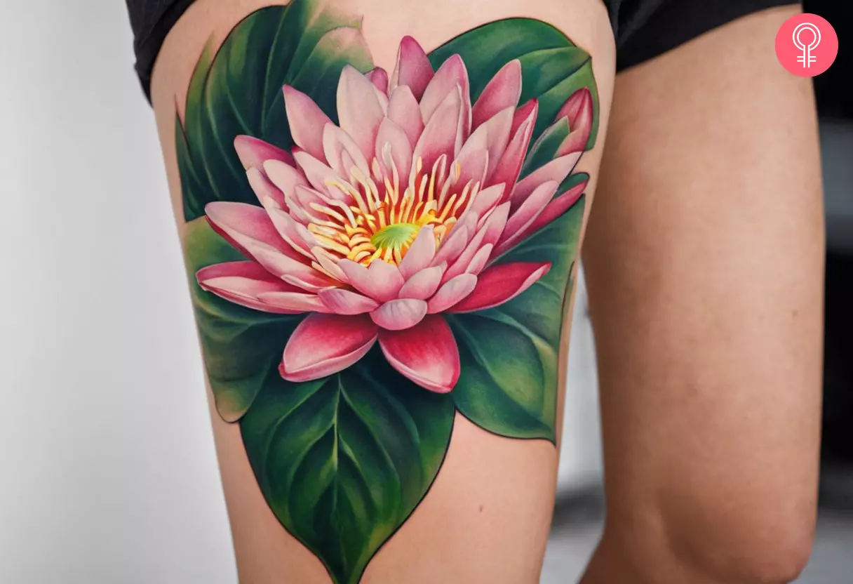 A woman wearing a Japanese water lily tattoo on her thigh