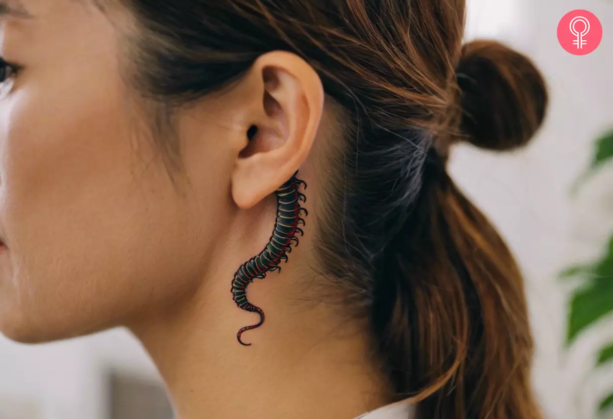 Japanese centipede tattoo behind the ear