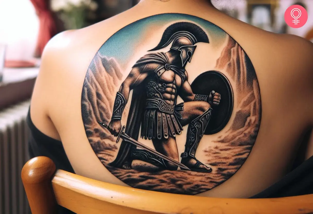 Kneeling Spartan tattoo on the back shoulder