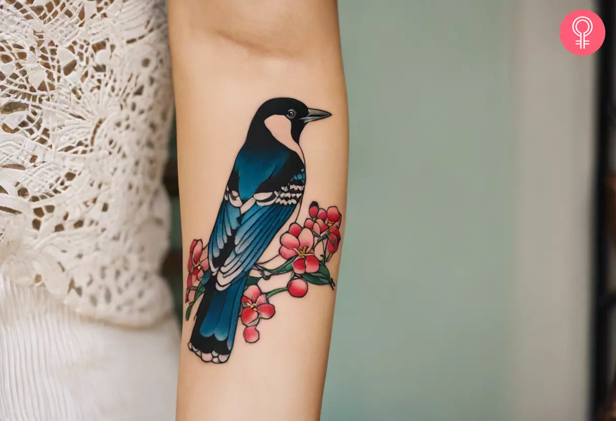 Korean magpie tattoo on the forearm