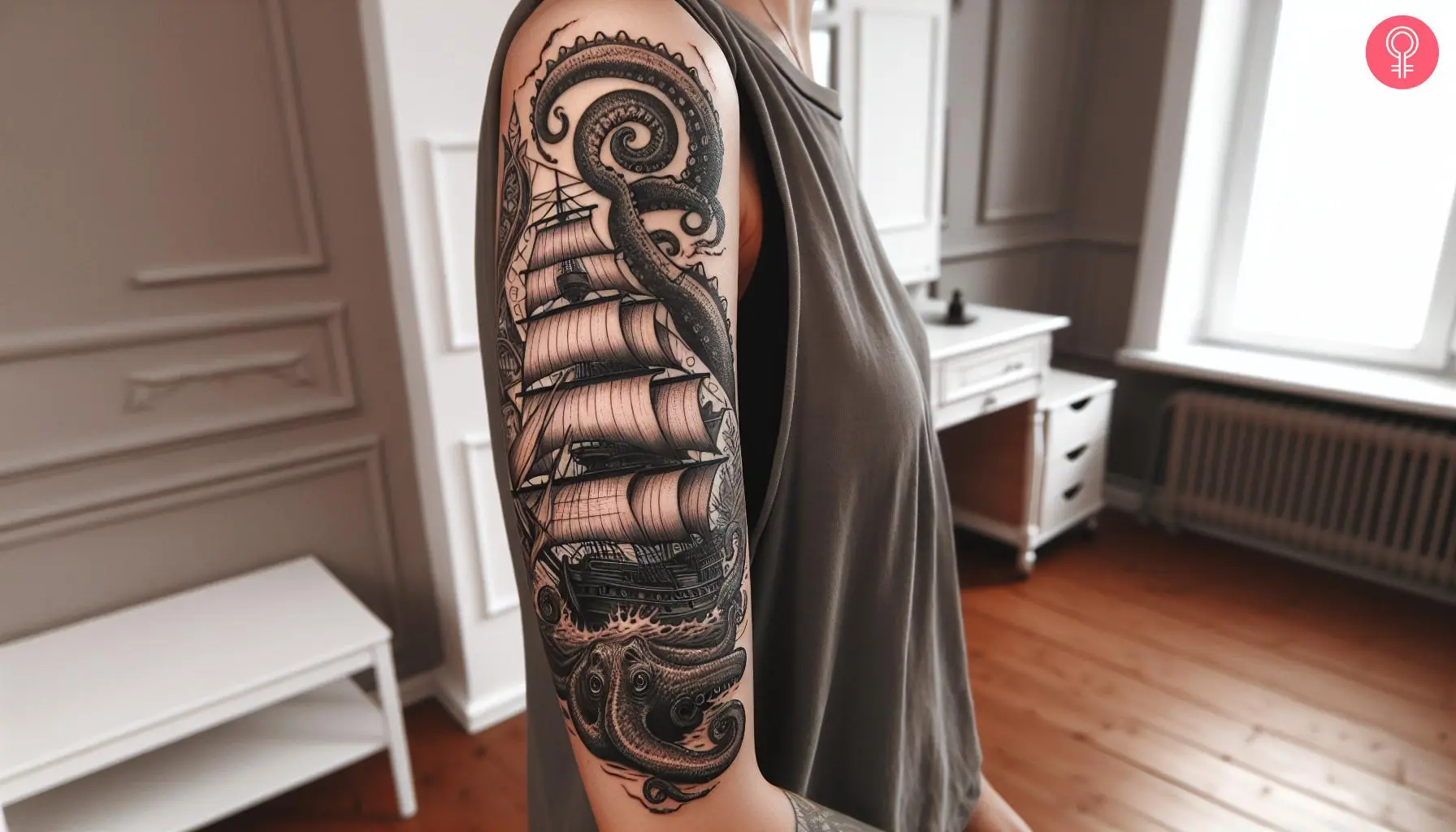 Kraken and ship tattoo on the arm of a woman