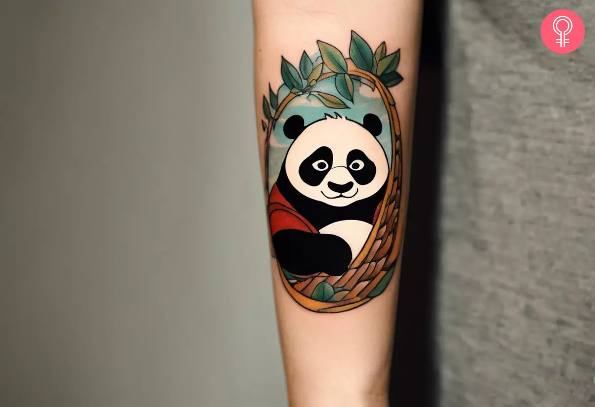 A woman with a Kung Fu Panda tattoo on her forearm