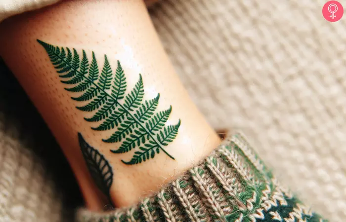 A leaf fern tattoo on the leg of a woman