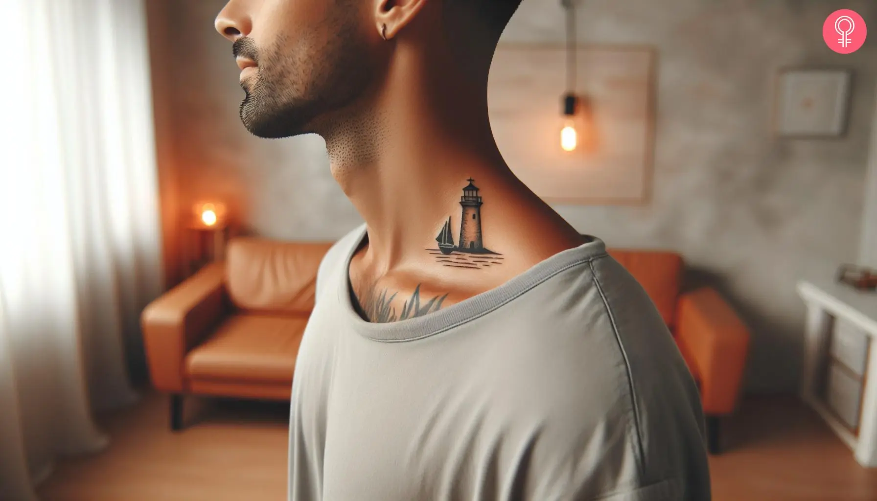 A minimalistic lighthouse and ship tattoo on the side of a man’s neck