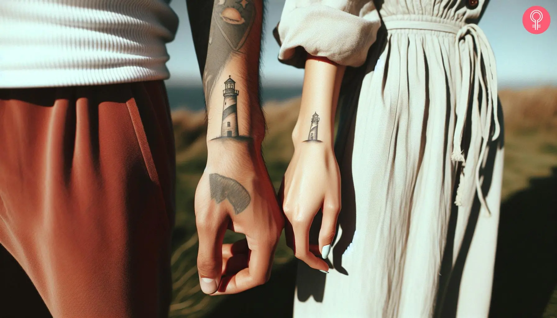 Lighthouse couple tattoo on the wrists of a man and woman