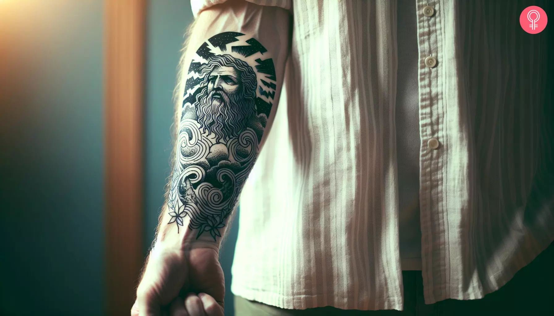 A lightning Zeus tattoo on the forearm