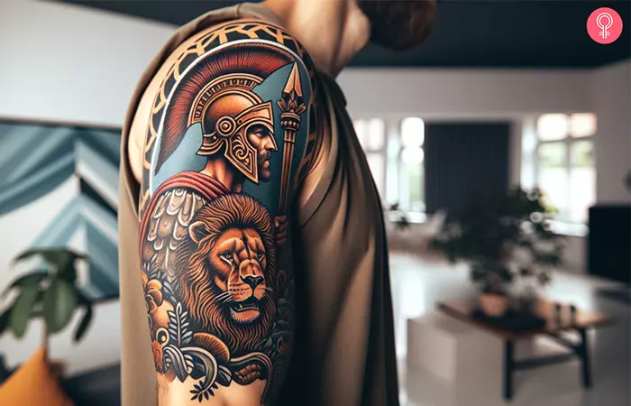 A lion Spartan upper sleeve tattoo