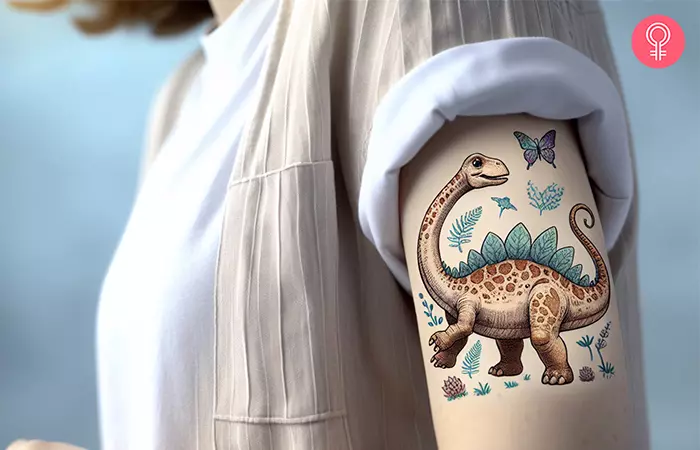 A woman with a long neck dinosaur tattoo on her arm