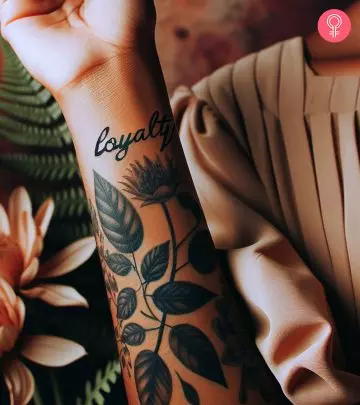 A woman with a loyalty over love tattoo on her upper arm