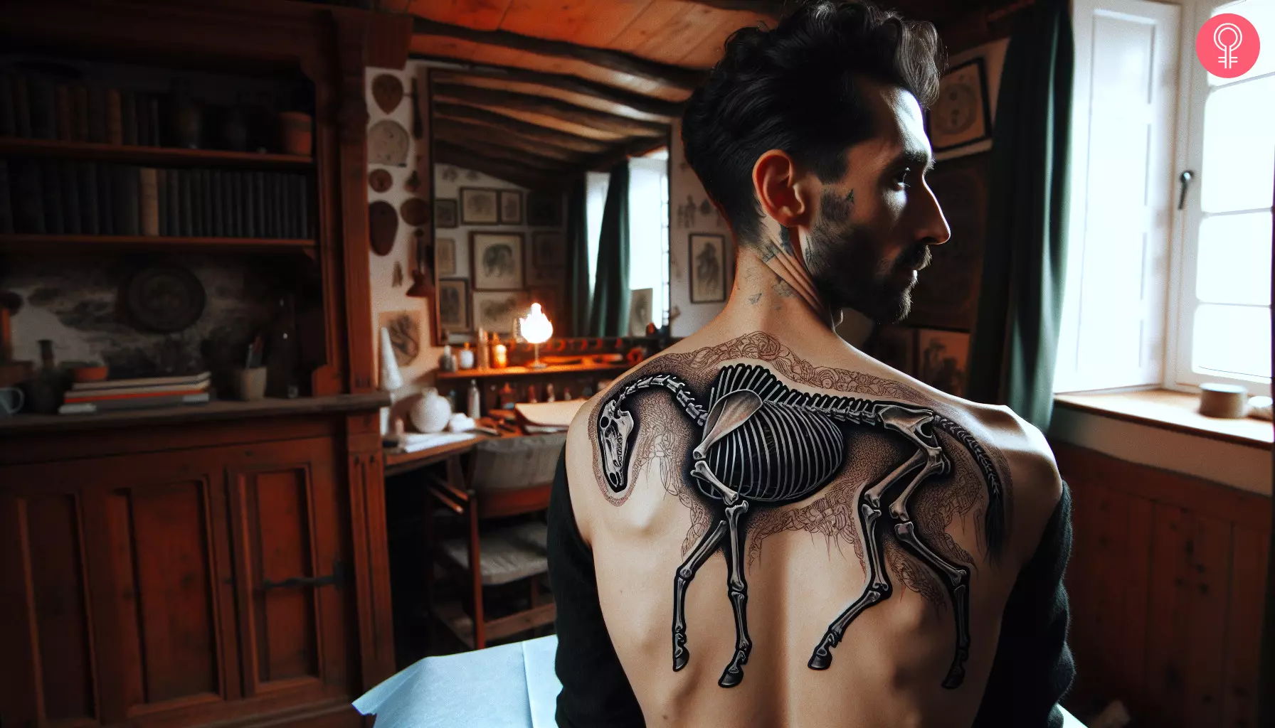 Man with a horse skeleton tattoo on his back
